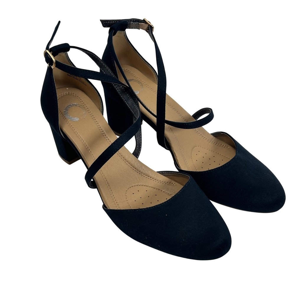 Journee Collection Navy Blue Strappy‎ Block Heel Dress Shoes Pumps Womens 10